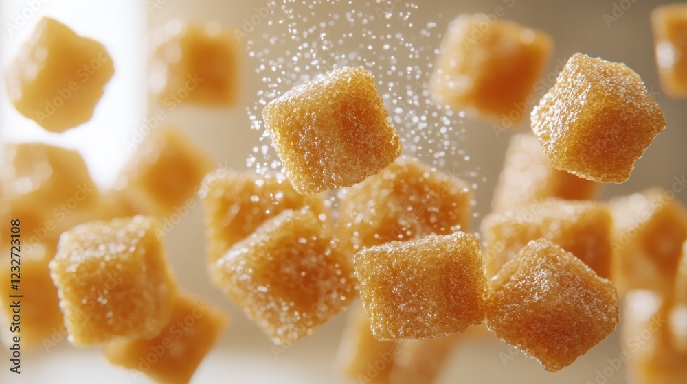 Brown sugar cubes levitating, kitchen setting, advertising Brown sugar cubes levitating, kitchen setting, advertising