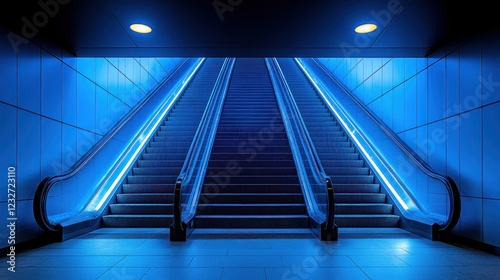 Blue-lit escalators ascend in modern subway station