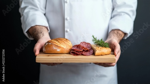 Close up view of a chef in a white jacket presenting a wooden board with bread rolls and sliced cured meat, against a dark background. The image emphasizes food presentation and culinary expertise.