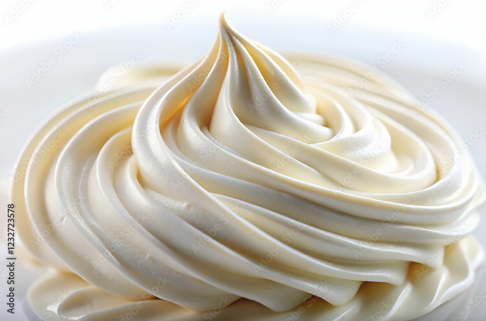A creamy swirl of white frosting, beautifully piped with a peak, sitting elegantly on a plate, perfect for decorating desserts. A creamy swirl of white frosting, beautifully piped with a peak, sitting elegantly on a plate, perfect for decorating desserts.
