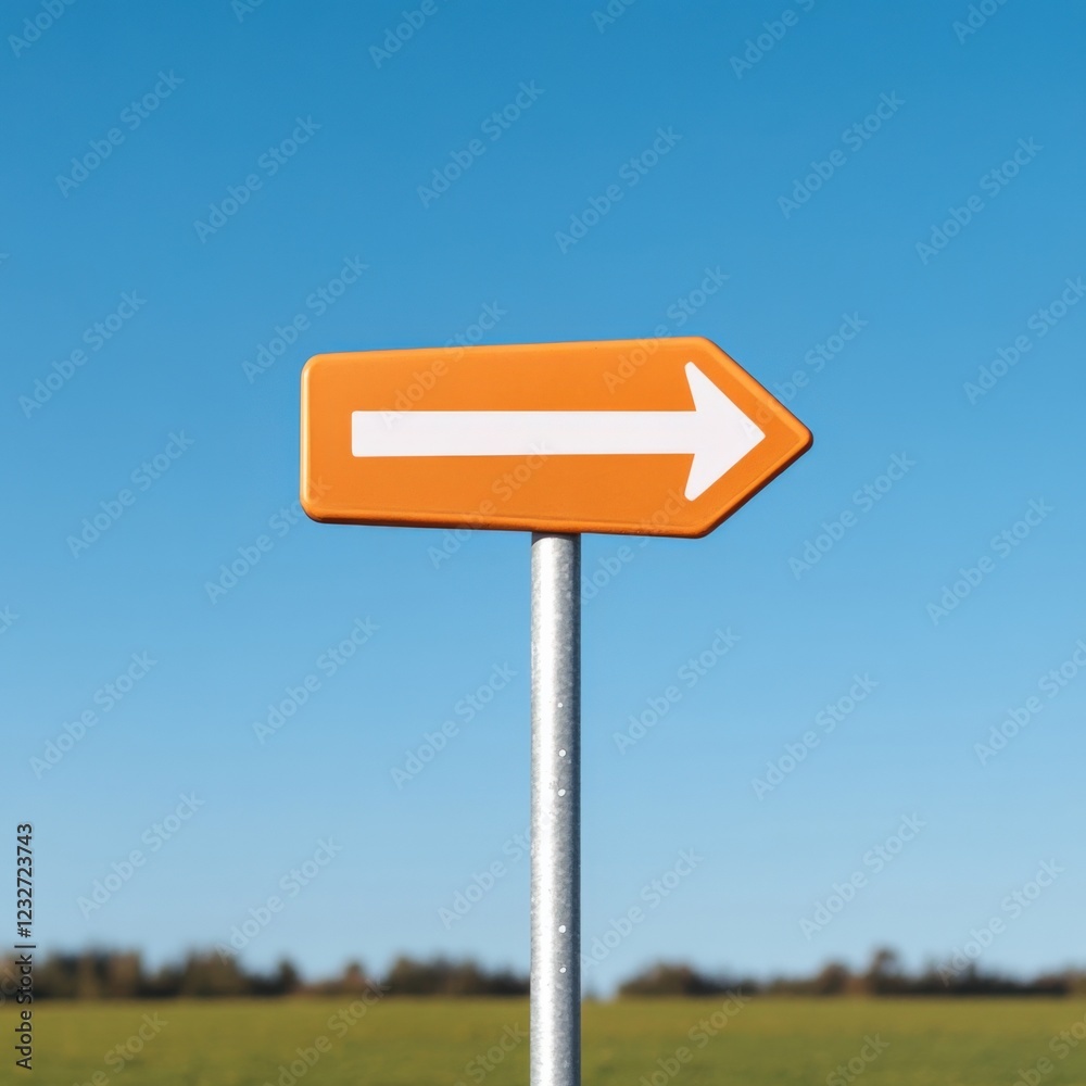 orange directional arrow sign against a clear blue sky pointing to the right, with a blurred field in the background. orange directional arrow sign against a clear blue sky pointing to the right, with a blurred field in the background.