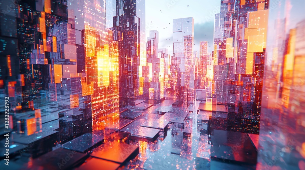 Obraz premium Futuristic Cityscape Illuminated With Glowing Orange Towers