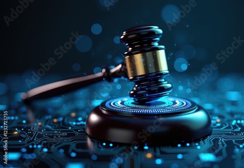 A close-up of a gavel on a sound block, rendered in a futuristic, digital style with glowing particles and a circuit board background.