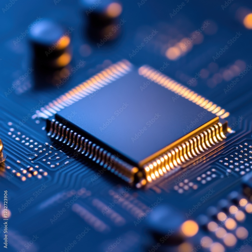 close-up of a computer microchip on a circuit board with blue lighting