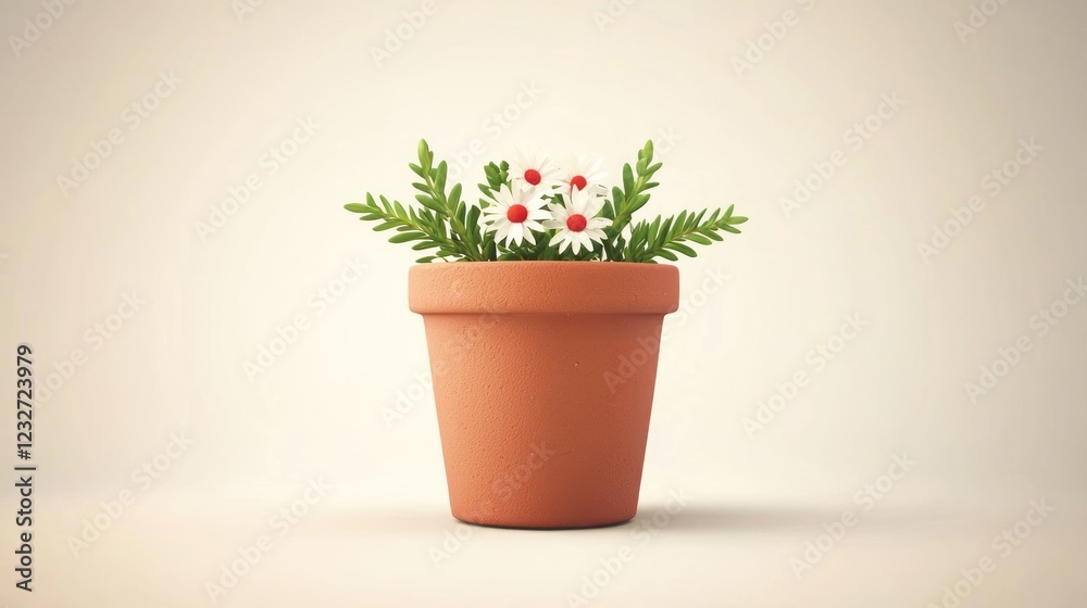 White Daisies in Terracotta Pot on Off White Background White Daisies in Terracotta Pot on Off White Background