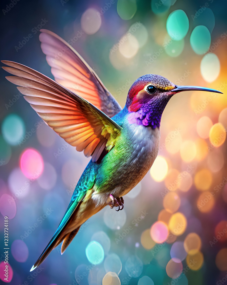 Fototapeta premium A vibrant hummingbird hovers in mid-air, showcasing its colorful feathers against a blurred, shimmering background.