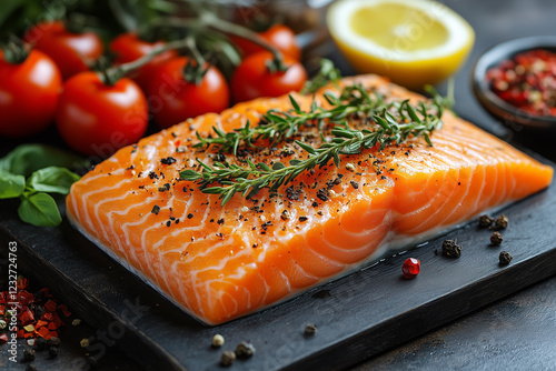a piece of red fish with rosemary, herbs and tomatoes