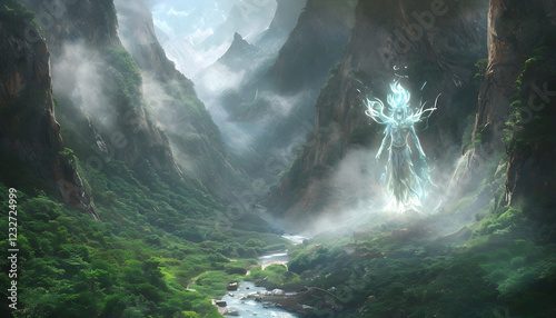 Misty Mountain Valley With Ethereal Elemental God Centered