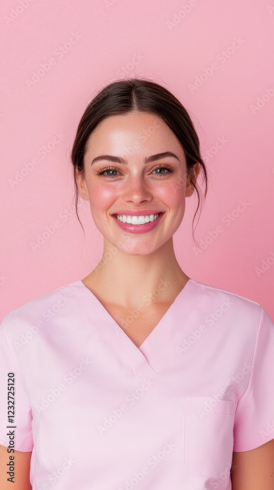 Smiling Young Woman in Pink Top Against Pink Background Smiling Young Woman in Pink Top Against Pink Background