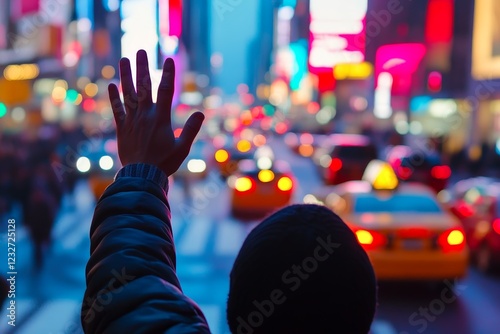 A person hailing a taxi on a busy street.
