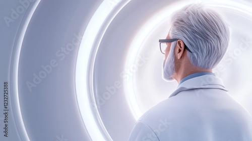 Rear view of a senior man with gray hair and glasses wearing a white lab coat, standing in a futuristic room with illuminated circular patterns on the wall. Soft, diffused lighting. photo