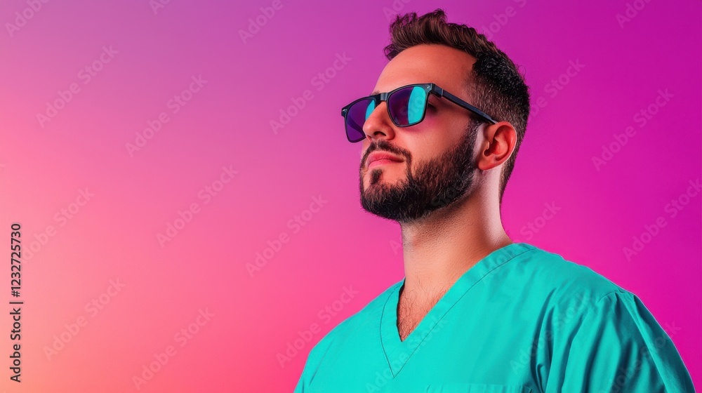Portrait of a man with a beard, wearing a teal shirt and blue sunglasses. The background is a pink and purple gradient. The photo is a studio shot with cool lighting. Portrait of a man with a beard, wearing a teal shirt and blue sunglasses. The background is a pink and purple gradient. The photo is a studio shot with cool lighting.
