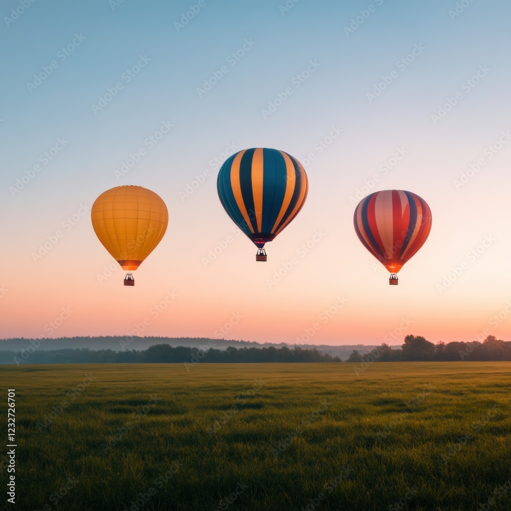 Fototapeta premium three hot air balloons soar over a green field at sunrise