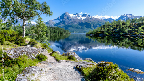 Serene mountain lake reflection, hiking path, summer