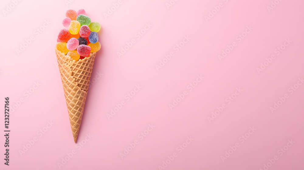 Ice cream cone with colorful gummy candies, set against a pastel pink background, creating a playful and sweet aesthetic.
Ice cream cone with colorful gummy candies, set against a pastel pink background, creating a playful and sweet aesthetic.