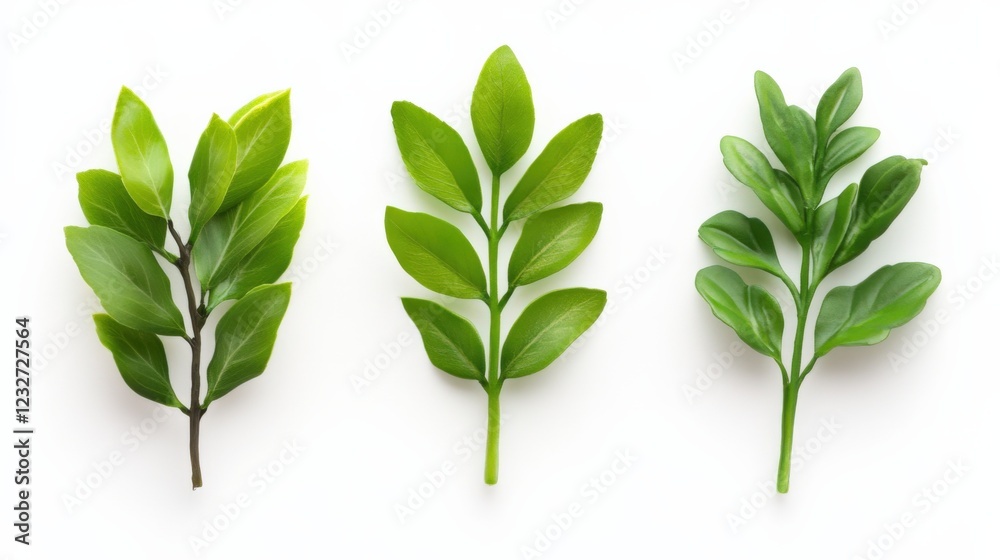 Naklejka premium three green leaves on a white background