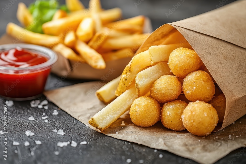 Fried potato balls and potato wedges Fried potato balls and potato wedges