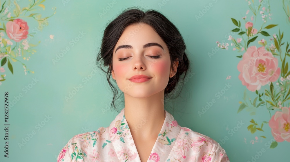 Fototapeta premium Serene young woman with eyes closed, wearing a floral robe against a teal background with a pink floral pattern. Soft lighting enhances her peaceful expression.