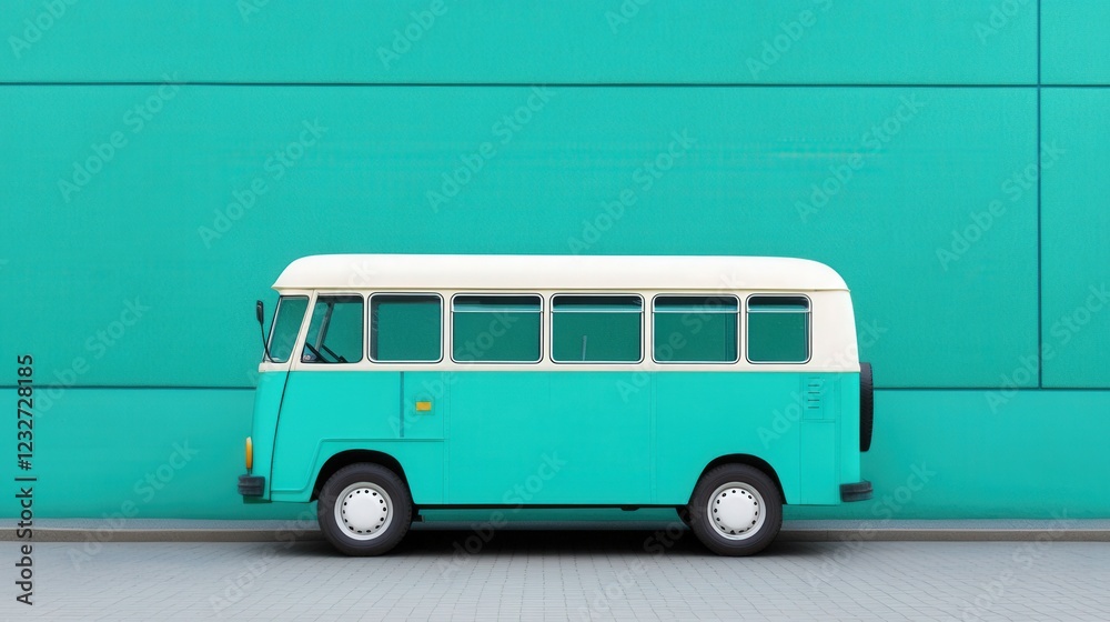 retro turquoise and white minibus parked in front of a teal wall retro turquoise and white minibus parked in front of a teal wall