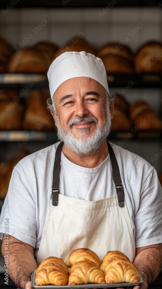 A smiling senior baker presents freshly baked croissants in a bakery. He wears a white chef's hat and apron, surrounded by shelves of bread. Warm lighting enhances the scene. A smiling senior baker presents freshly baked croissants in a bakery. He wears a white chef's hat and apron, surrounded by shelves of bread. Warm lighting enhances the scene.