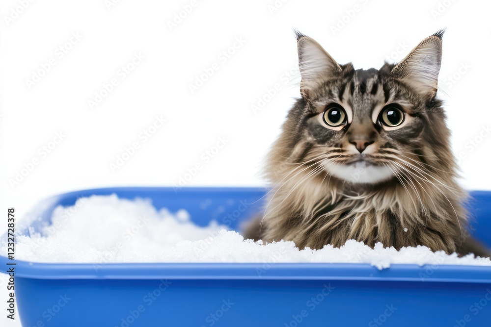 Fototapeta premium Cat in Blue Tray Filled with Snow, Playful and Cute Expression