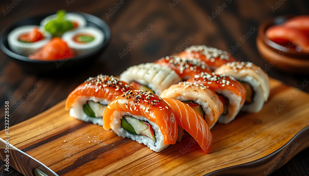 Beautifully plated sushi on a wooden board Beautifully plated sushi on a wooden board