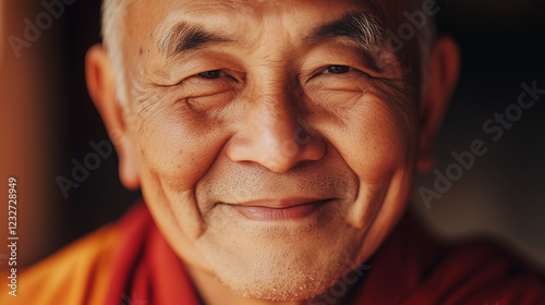 A close-up of a monkÃÂ¢ÃÂÃÂs face, smiling gently, with red and orange robes softly draped around his shoulders photo