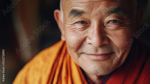 A close-up of a monkÃÂ¢ÃÂÃÂs face, smiling gently, with red and orange robes softly draped around his shoulders photo