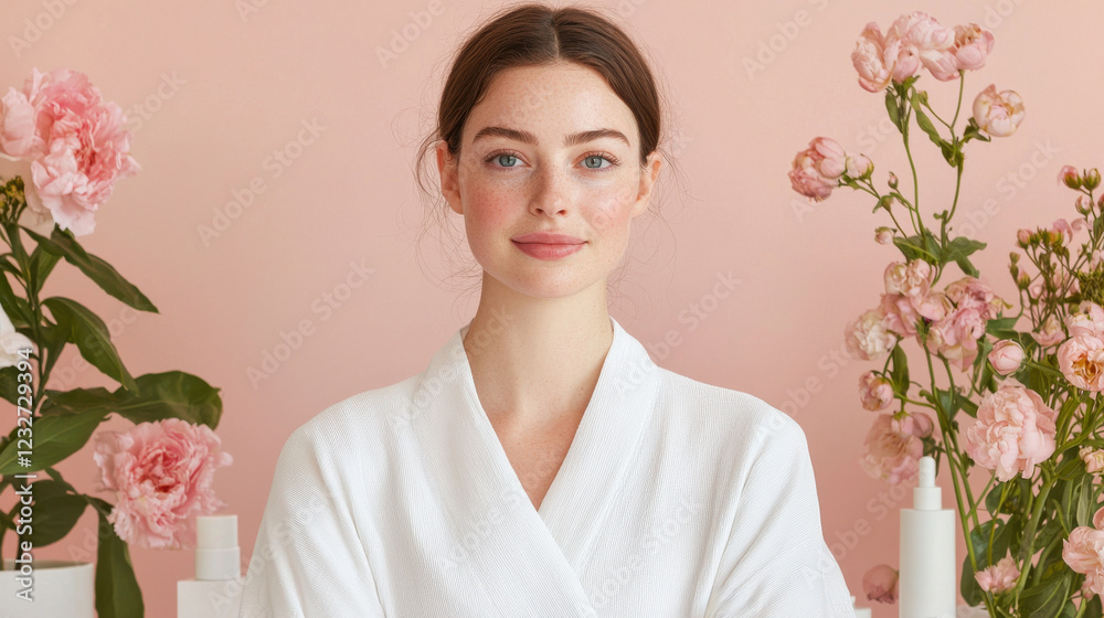 Serene young woman in white robe, posed against a soft pink background adorned with pink flowers. Soft, natural lighting enhances her calm expression. Serene young woman in white robe, posed against a soft pink background adorned with pink flowers. Soft, natural lighting enhances her calm expression.