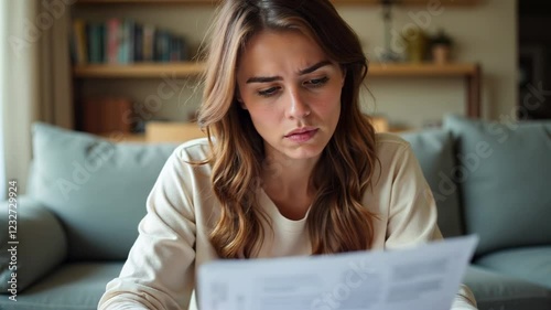 Woman reviewing documents, pensive expression, home setting.