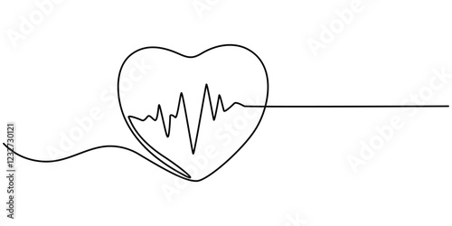 Electrocardiogram Continuous Line Editable Stroke Line, Heart Rate Single Line Icon, One continuous line drawing of doodle heart with pulse. Sound wave romantic symbol in simple linear style.