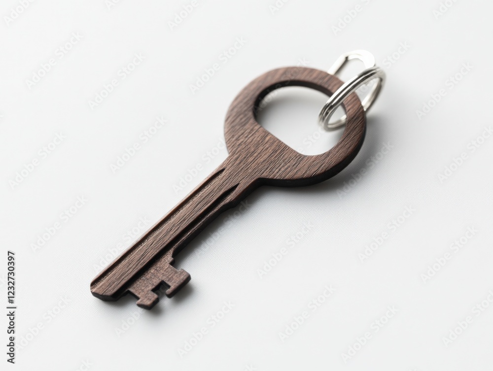 wooden key with metal ring keychain on white background wooden key with metal ring keychain on white background