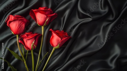 A bouquet of red roses is placed on a black background