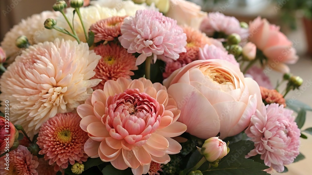 Close-Up of Blooming Peonies, Daisies, and Flowers in Soft Pink, Peach, and White Hues Close-Up of Blooming Peonies, Daisies, and Flowers in Soft Pink, Peach, and White Hues