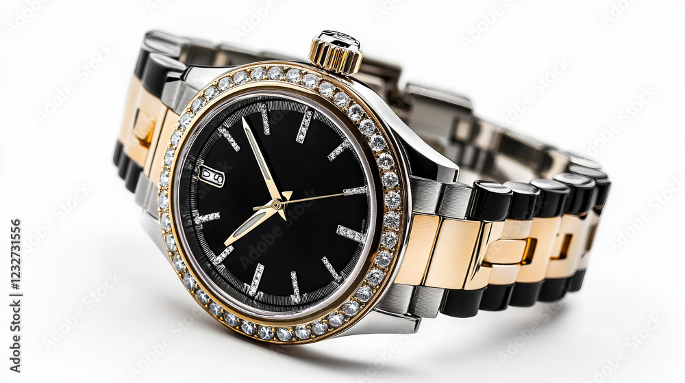 Black circle wrist watch covered by diamond, chrome and gold isolated on white background. Black circle wrist watch covered by diamond, chrome and gold isolated on white background.