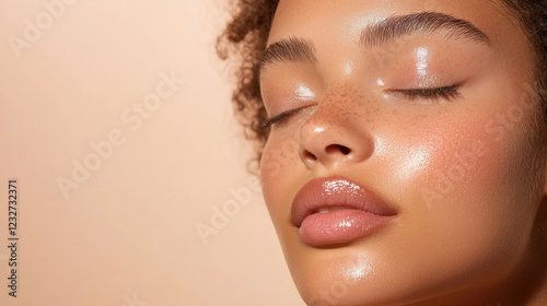 Close up of a young woman's face adorned with silver glitter, eyes closed, peaceful expression against a pale peach background. Soft lighting enhances the skin's texture and the glitter's sparkle.