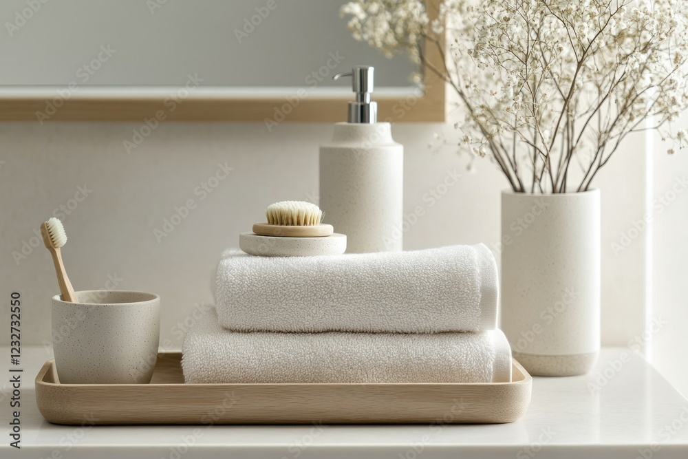 Elegant Bathroom Setup with Towels, Soap Dispenser, and Decor Elegant Bathroom Setup with Towels, Soap Dispenser, and Decor