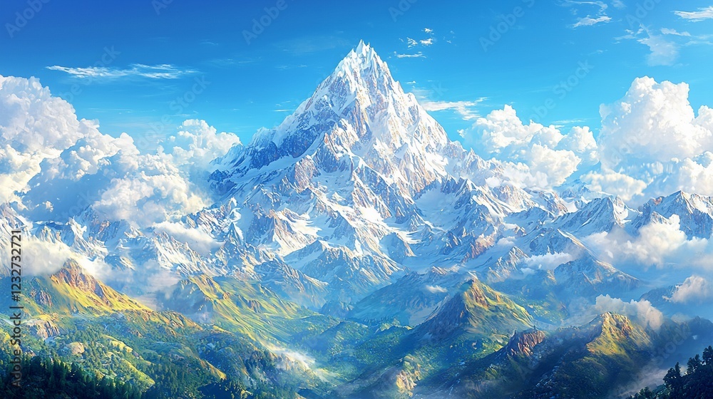 Naklejka premium Majestic Snowcapped Mountain Peak Above Clouds And Valleys