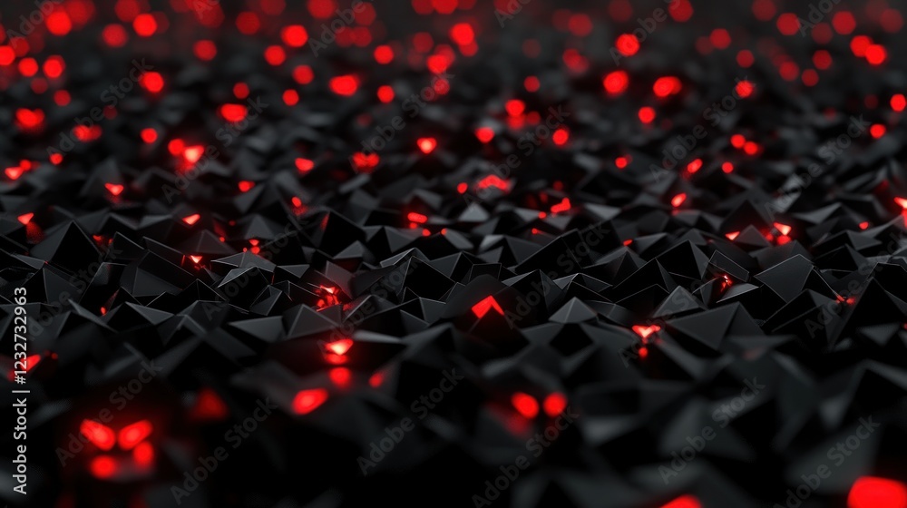 Fototapeta premium Abstract dark background with glowing red pyramids.