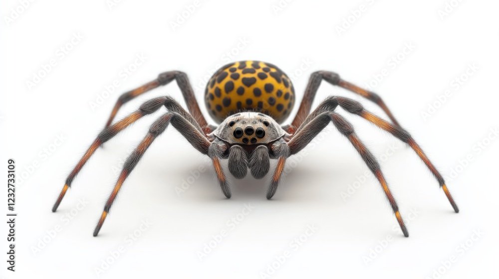 Fototapeta premium a close-up of a colorful spider with spotted abdomen on a white background