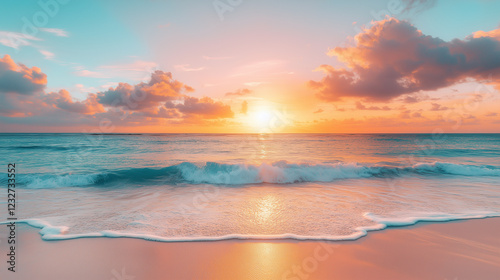 A vibrant sunrise over a serene beach, painting the sky with hues of pink and gold as a new day begins