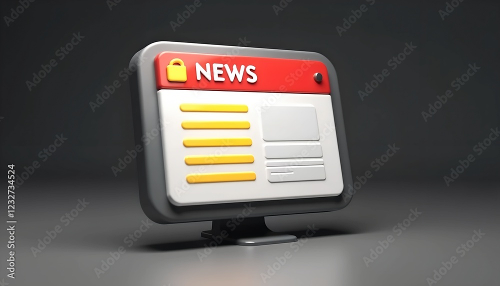 Secure online news portal. A stylized monitor displays headlines and a padlock icon, symbolizing protected information access. Secure online news portal. A stylized monitor displays headlines and a padlock icon, symbolizing protected information access.