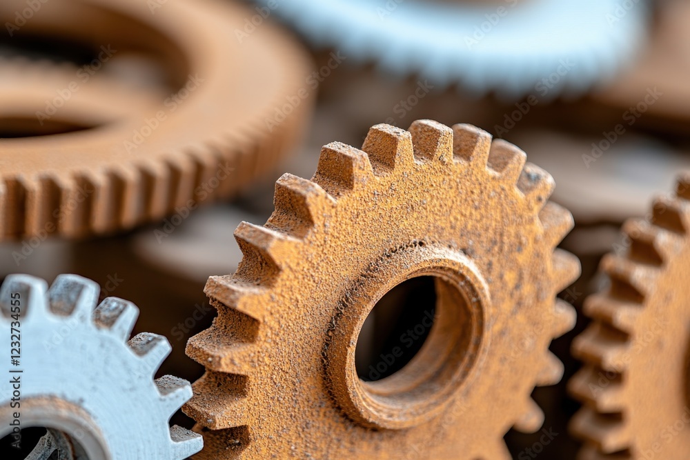 A collection of interlocking rust-covered and metallic gears, showcasing intricate teeth and varying sizes. A collection of interlocking rust-covered and metallic gears, showcasing intricate teeth and varying sizes.