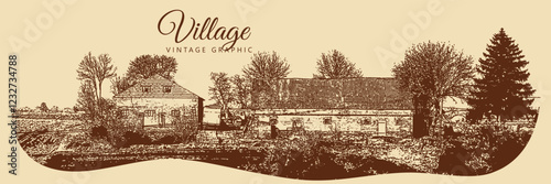 Rural landscape with house, field and trees. Village and nature. Vintage brown and beige graphics, engraved, vector. Old retro design.