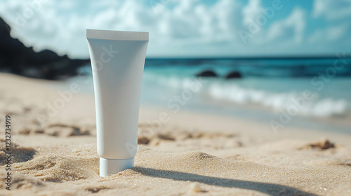 Mockup tube of sunscreen sits on the beach. The sun is shining brightly, and the sand is warm. The scene is peaceful and relaxing, perfect for a day at the beach