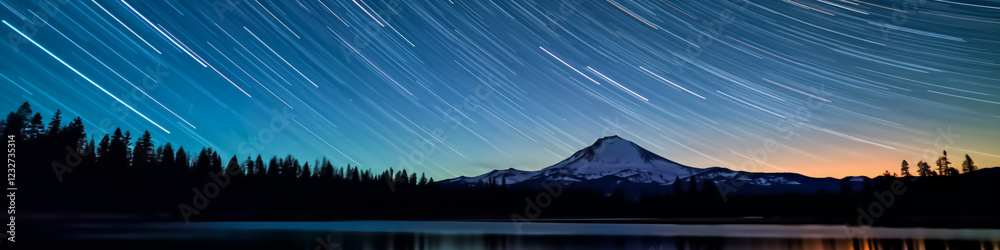 Fototapeta premium lake mountain background starry night sky symmetrical star trails above below breathtaking scene