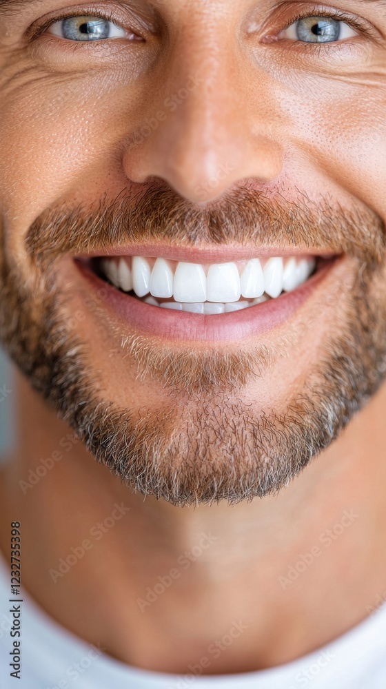 Fototapeta premium Close up of a man's bright, white smile. He has light skin, blue eyes, and a short, well groomed brown beard. The background is blurred and out of focus. The image is bright and cheerful.