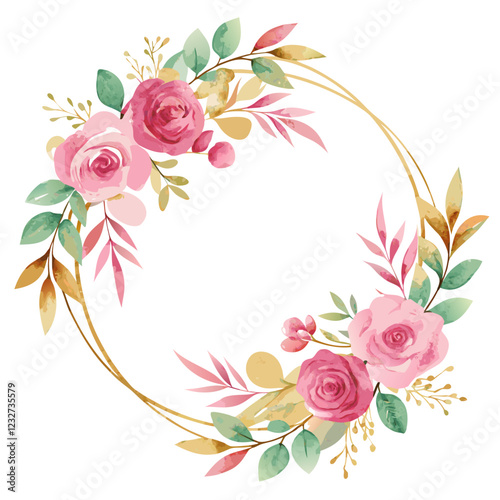 Watercolor pink floral wreath with golden circle
