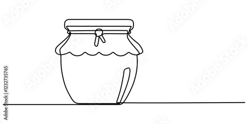 Glass canning jar in continuous line art drawing style. Food preserve. Minimalist black linear sketch on white background. Vector illustration, Jar of honey one line continuous. Line art jar of jam. 