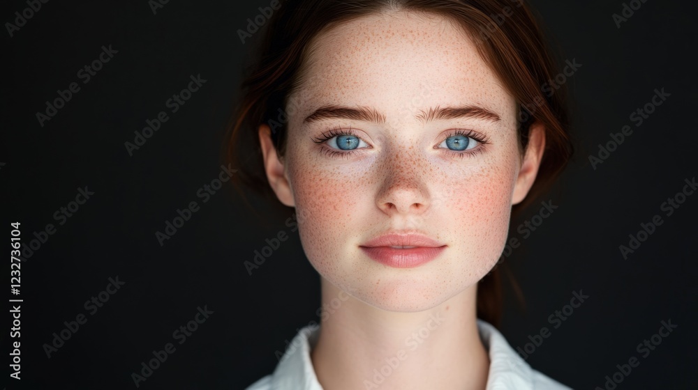 portrait of a young woman with freckles and blue eyes portrait of a young woman with freckles and blue eyes